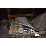 A box of vintage and modern tools and similar including sieve, file, funnel and more.