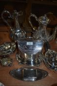 A fine selection of silver plate items including elegant tea pot claret jug and biscuit barrell