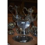 A fine selection of silver plate items including elegant tea pot claret jug and biscuit barrell