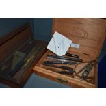 A box of vintage fountain pens and other items, also included is a whistle 'The city whistle'.