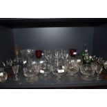 A mixture of vintage glass including etched fruit glasses or similar, amber coloured glass stemmed