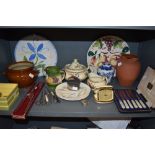 A mixed lot of items including ceramics, boxed vintage knifes having mother of pearl handles, travel