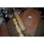 A large vintage wooden bowl, a rolling pin and similar.