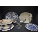A selection of serving plates and platters including Crown Ducal and glass cake tazza