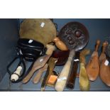 An assortment of vintage items including tambourine, Rank Aldis camera, butter paddles, shoe horns