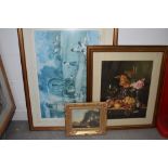 A selection of prints and large picture frames including smaller gilt and plaster effect frame