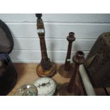 Two antique wooden candle sticks, stamped JBM to underside,a lamp base with inlaid detailing to