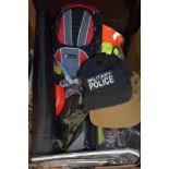 A selection of outdoor activity equipment and accessories including caps bags and Hi vis vest