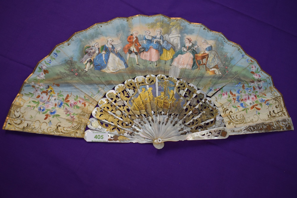 A hand painted lithograph fan, circa 1850, showing classical scene with ornate inlaid mother of