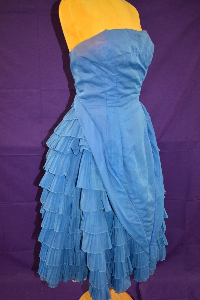 A vintage 1950s electric blue strapless Jean Allen dress with layered skirt and integrated - Image 2 of 4