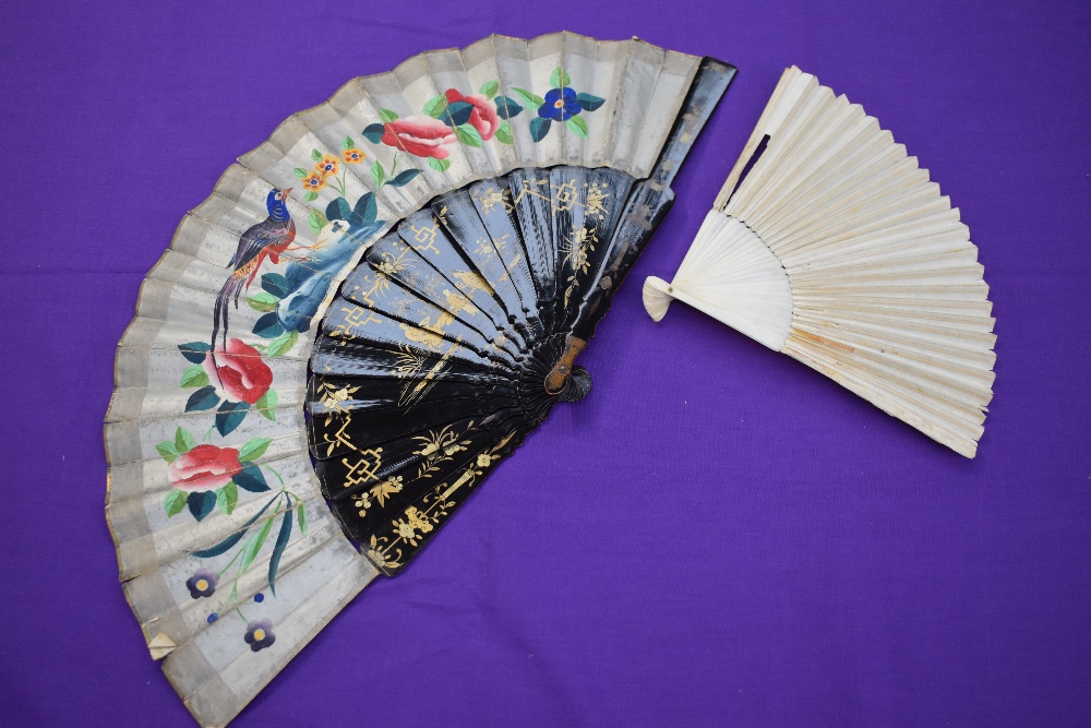 Two fans, one Chinese,around 18th century with paper leaf and ivory ribs depicting lady, the other a - Image 2 of 2