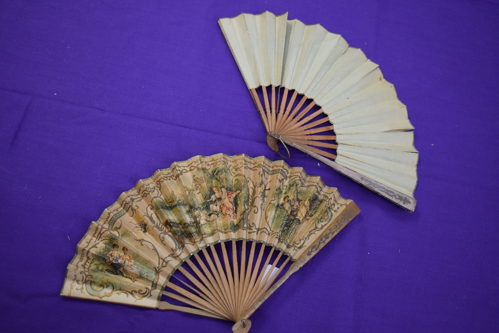 Two paper fans,both having wooden ribs and painted classical scenes, a little wear in places. - Image 2 of 2