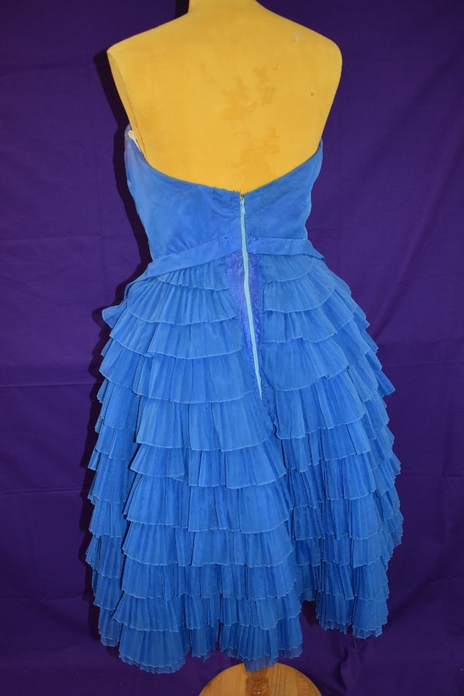 A vintage 1950s electric blue strapless Jean Allen dress with layered skirt and integrated - Image 4 of 4