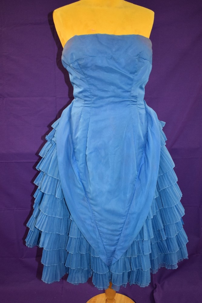 A vintage 1950s electric blue strapless Jean Allen dress with layered skirt and integrated