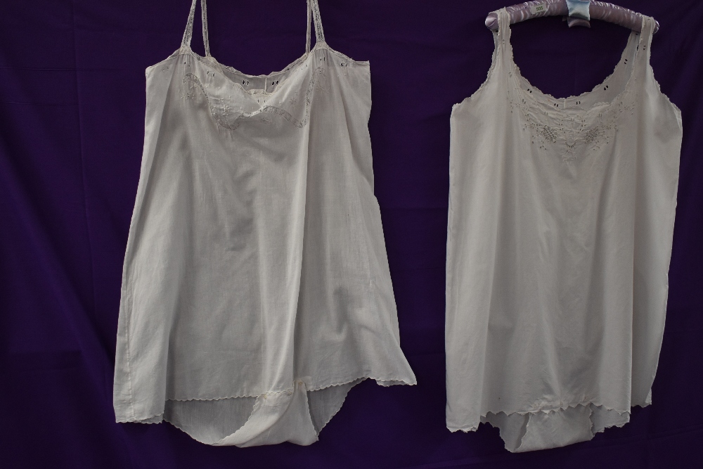 Two Edwardian white work all in one slips/Cami knickers. Pretty embroidery and scalloping