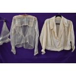 Two antique blouses, one silk or silk blend with large collar the other fine tulle with sailor style