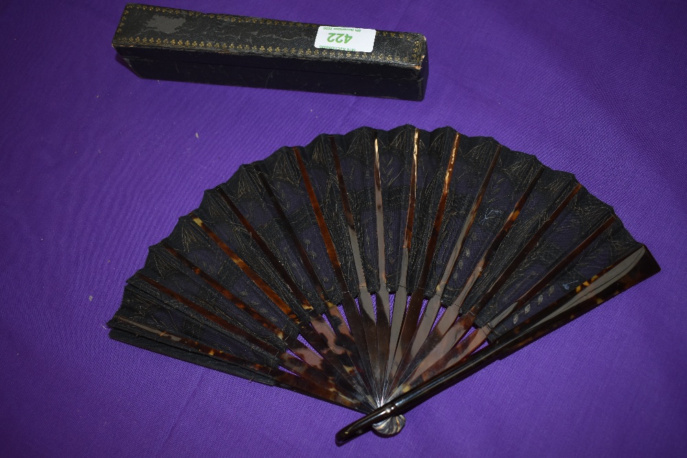 A late 19th century silver spangled black gauze fan with tortoiseshell ribs , in silk lined box. - Image 2 of 2