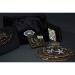 Three vintage evening bags including 1930s clutch bag with bead and sequin details , black crepe