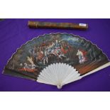 A late 17th/ early 18th century fan, painted to front with mythological battle scene and spray of