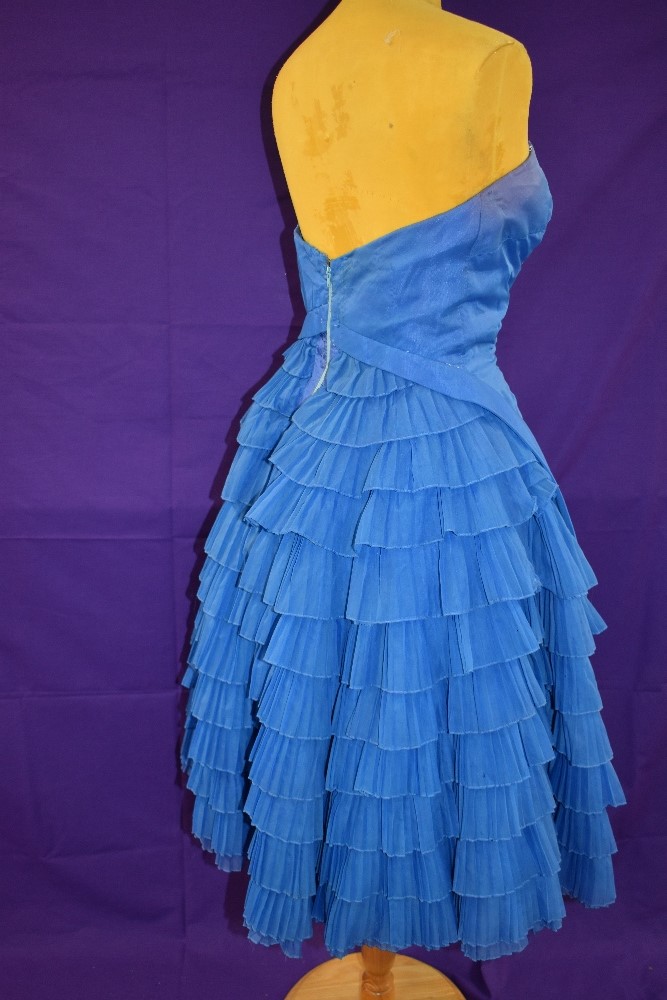 A vintage 1950s electric blue strapless Jean Allen dress with layered skirt and integrated - Image 3 of 4