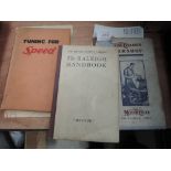 Three vintage motorcycle books, tuning for speed, Raleigh handbook, and the motorcycle workshop.