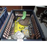 A tray of car badges including Riley, Ferguson, an American number plate,AA,safe badge and more.