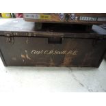 A large chest with inscription for C.R Scott RE including motor related contents of tins,bulbs and