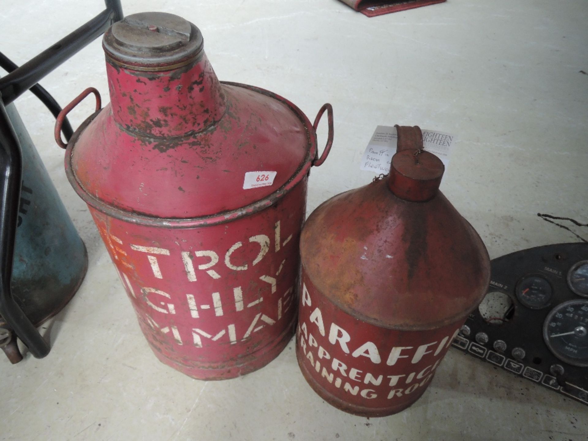 A large petrol can and a unusual Paraffin can reading Apprentice training room, these came from