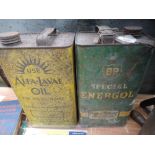 Two gallon advertising oil cans for BP Energol and Alfa-Laval.