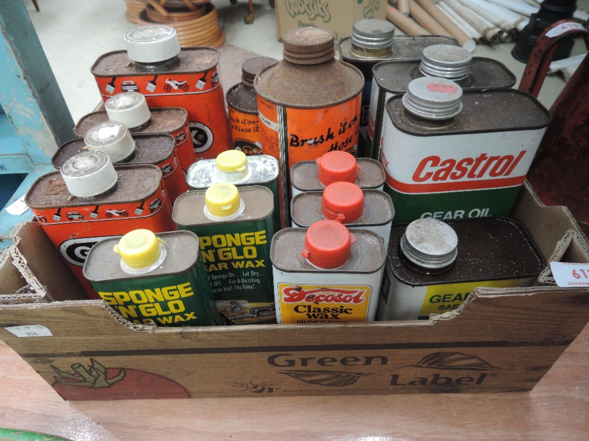 A selection of vintage Castrol gear oil, car polish depicting MGB and E type Jag.
