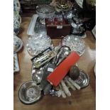 A mixed collection of items including rose bowl, tea pots crystal glasses, plated ware, cutlery