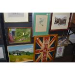 A lot containing seven artworks including two oil on board, two photographs(possibly local) signed