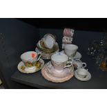 A selection of tea cups and saucers including Royal Kent and Sutherland