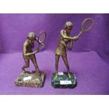 Two bronze cast figures of tennis players Virginia Wade and Christine Truman on marble bases