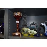 A selection of antique glass wares including vaseline and hand painted Bohemian garniture (AF)