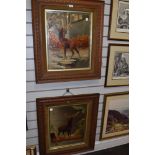 Two carved oak framed mirrors decorated with painted stag scenes