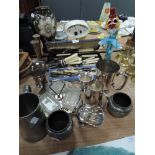 A mixed collection of vintage cutlery and plated ware including condiment set with glass dish