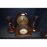 Two art deco mantle clocks including rose wood style case and twist stem candle sticks