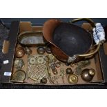 A selection of fire side items and brass wares including copper coal helmet
