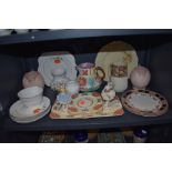 A selection of ceramics including hand decorated Peach design Vale and Majollica style jug