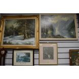 A selection of prints and pictures including oil on canvas in gilt and plaster frame