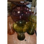 A collection of vintage crackle glass including large amethyst coloured vase and smaller ones in