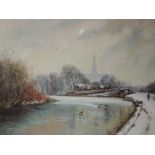 An oil painting, M Addison, winter canal, signed and dated, 1988, 60 x 108cm, framed