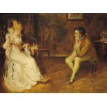 An oil painting, Patrick, period drawing room conversation, 34 x 45cm, framed