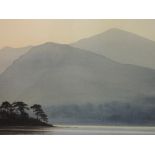 A watercolour, Jim Roudout, St Herberts Isle Derwentwater, 34 x 68cm, framed and glazed