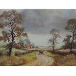 An oil painting, Peter J Greenhill, country landscape, signed 50 x 75cm, framed