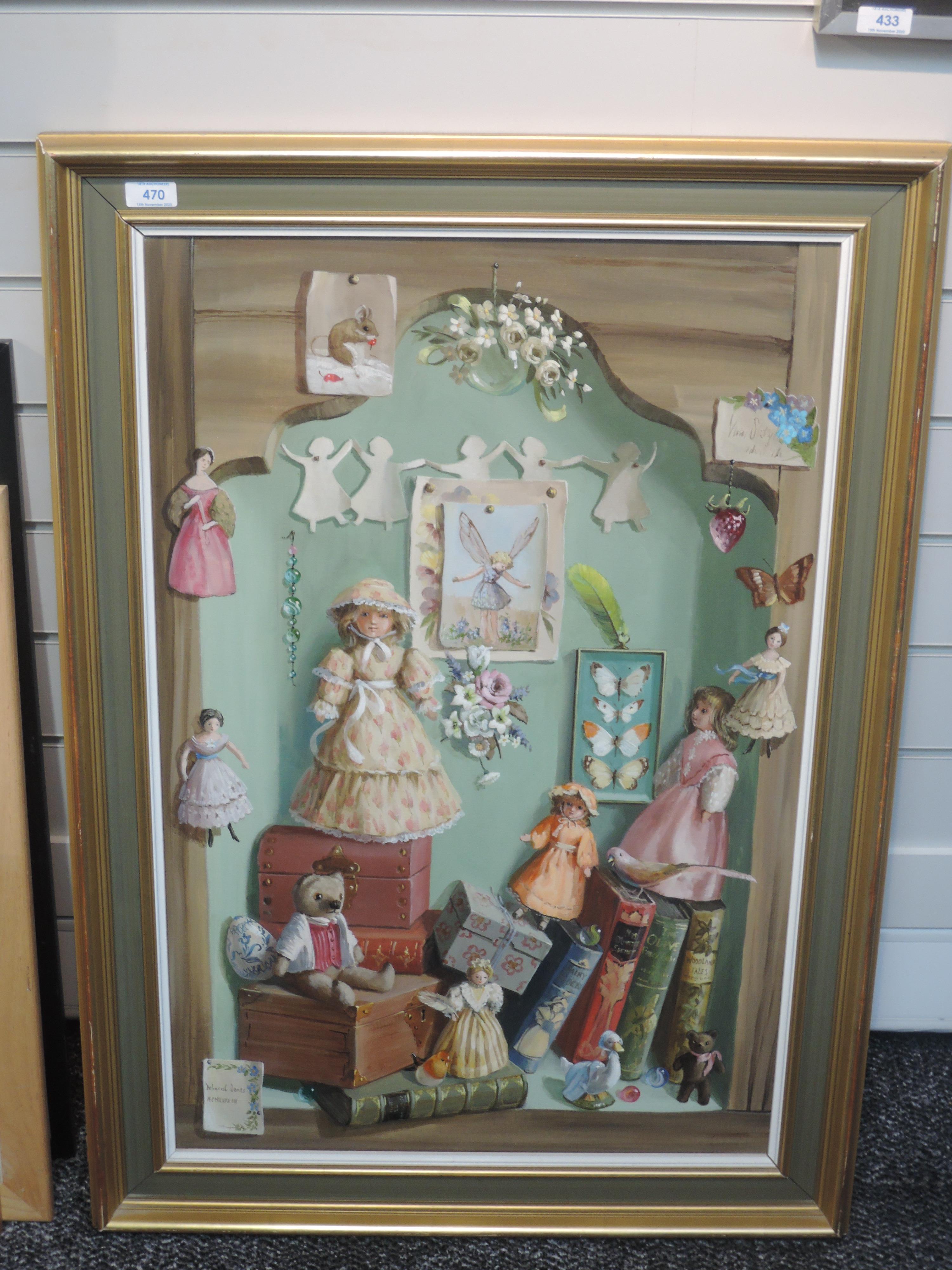 An oil painting, Deborah Jones, doll collector, signed, and dated 1978, 74 x 49cm, framed - Image 2 of 2