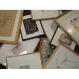 Ten pictures, sketches and prints, attributed to Jenkins, nude studies, inc Knees, 22 x 14cm, framed