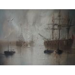 An oil painting John Bampfield, galleons at sea, signed, 30 x 40cm, framed
