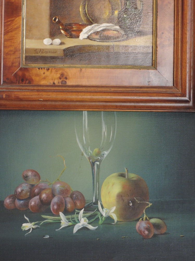 An oil painting, Dyer, still life, signed, 30 x 40cm, framed and glazed, and an oil painting on